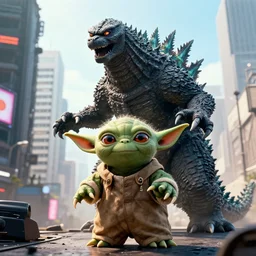 movie still of godzilla yoda yoda destroying tokyo in the new movie, giant yoda