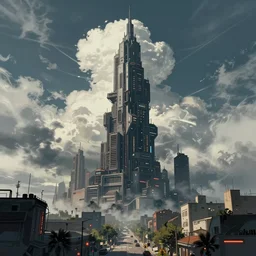 Evil cyberpunk tower, reaching the clouds, with a cyberpunk street view below, art by Simon Stalenhag