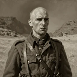 a detailed photorealistic sepia - toned color portrait painting of a 1 9 1 7 worried clean - shaven british lieutenant in detailed field gear not wearing a hat in wadi rum, ultra realistic, painted, intricate details, lovecraft, atmospheric, dark, horror, brooding, highly detailed, by clyde caldwell