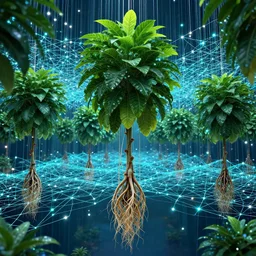 sacred ficus carica roots leaching through automated cybernetic mazes of overgrown LEDS suspended in webbed polarity