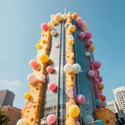 A realistic detailed photo of a skyscraper made of cheese and bubblegum, colorful, vibrant, strangely mutated, 8k, super detailed, hyperrealistic, cinematic,