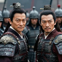 ultra high resolution close - up photo of andy lau and aaron kwok cosplay two tai warlords in crowded battlefield, standing with their warriors. the light is dim, and the colours are muted. awards winner photographers, cinematic, kodak etkar 1 0 0.