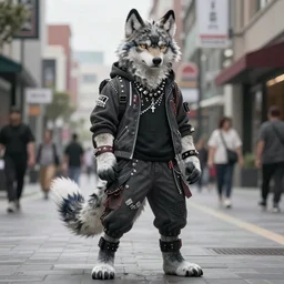beautiful furry art full body commission of an androgynous furry anthro wolf fursona wearing punk clothes in the streets of a cyberpunk city. neon signs. character design by charlie bowater, ross tran, artgerm, and makoto shinkai, detailed, inked, western comic book art