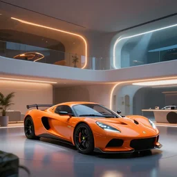futuristic lotus exige ( ( orange ) ) parked within interior view of futuristic auto showroom ( ( frank lloyd wright ) ) luminescent concept art, unreal engine 5, artstation highly detailed, digital art, 8 k hdr, soft lighting, hyperrealistic, godrays, coherent, ( ( neon ) )