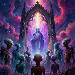 [ palate ] [ vibrant gothic colors ] alien soul spirits congregating in front of an intricate giant gothic gateway, god figure waiting behind the gate, vibrant neon nebulous clouds, paisley pattern clouds, hyper realistic illustration, radiant synapse light rays, photorealistic illustration, intricate and fine details, volumetric lighting, artstation