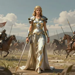 fullbody photo of goddes of war on the battlefield, elegant, highly detailed, smooth, sharp focus, illustration, beautiful, geometric, trending on artstation, cinematic, artwork by Swanland, Raymond