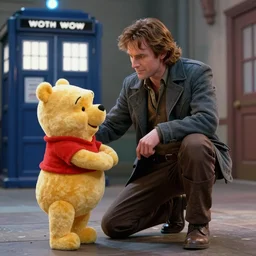 inigo montoya playing with winnie the poo with dr. who tardis in the background, 8 k, lifelike extremely high quality