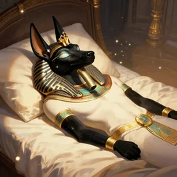 anubis, egyptian art, lying in bed, with eyes closed, sparkles all around, fantasy digital art, wow, stunning, hight quality