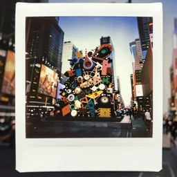 instax polaroid film photo of a huge sculpture made of found objects in the middle of times square, nostalgia, faded glow, expired film analog photography, grainy texturized dusty, saturated colorized