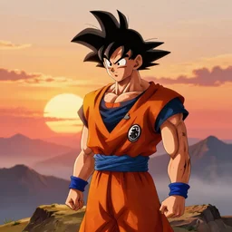 Goku watching the sunset from a mountain, digital art, illustration, trending on artstation, well detailed, HDR