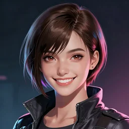portrait of a beautiful cyberpunk girl with short brown hair, men's haircut, and smiling, dramatic lighting, illustration by greg rutkowski, yoji shinkawa, 4 k, digital art, concept art, trending on artstation