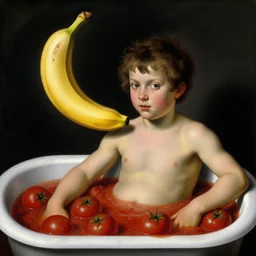 a boy sitting in a tub full of tomato sauce, the moon is made by bananas, by giuseppe arcimboldo, renaissance, portrait, fruit, detailed oil paint, high definition