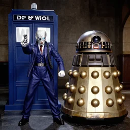 Dr Who cyberman, standing next to a dalek in a still from the Dr Who TV show