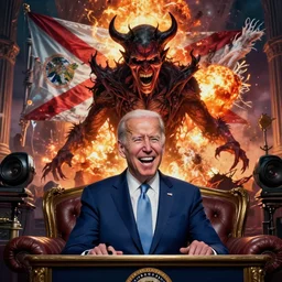 Joe Biden watches with laughter as the state of Florida is destroyed in an explosion in the background, Evil, chaos, ornate, horror, detailed, colorful