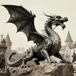 very old photo of a dragon attacking the medieval