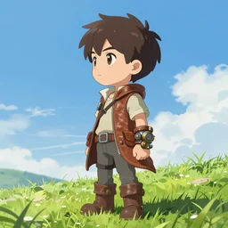 young boy fantasy thief in leathers with steampunk wristband, finely detailed, made by wlop, artgerm, ross tran, full body portrait, illustration, grass, sunny, sky, anime, side view, perfect anime face, detailed face, zoomed out, smooth,