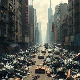 hyper - realistic portrait of post apocalyptic scene in new york city, scattered scrap robots, chaos, extreme detail, in style of, yoji shinkawa, greg tocchini, ross tran, atey ghailan, greg rutkowski, pan ren wei, greg tocchini, joe fenton, james gilleard, kaethe butcher, ruan jia, anime aesthetic, cinematic