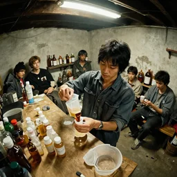 johnny is in the basement mixing up the medicine, contrast, kim jung gi, greg rutkowski, zabrocki, karlkka, jayison devadas, trending on artstation, 8 k, ultra wide angle, zenith view, pincushion lens effect
