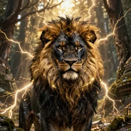 black lion's god looking at you fur merged with gold lightnings surrounded by epic ancient huge forest and mountains, colossal scale, cinematic shot, vibrant colors, photorealism, epic, octane render by Evgeniy Antonenkov and James Jean