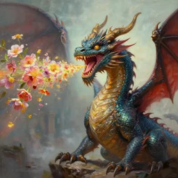 epic professional hyperrealistic painting of a dragon shooting flowers out of its mouth, trending on artstation, cgsociety, wlop, Behance, pixiv, astonishing, impressive, outstanding, epic, cinematic, stunning, gorgeous, concept artwork, much detail, much wow, masterpiece.
