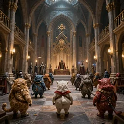 Ewoks in masonic lodge during a medieval battle, warcraft style, realistic 4k octane beautifully detailed render, 4k post-processing, highly detailed, intricate complexity, epic composition, magical atmosphere, cinematic lighting, masterpiece, ultra hd
