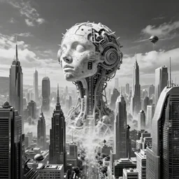 futuristic city, scifi, futurism, technological singularity, amazing masterpiece, black and white, wonders of the mind, sustainability, scientific victory, artificial intelligence, art by wenjun lin and artem chebokha and alena aenami and ian llanas