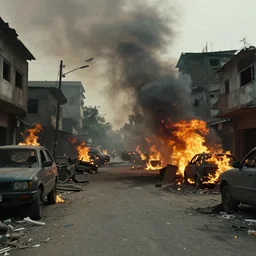 a Film still of Karachi streets abandoned, on fire, dramatic, 4k, in the new Christopher Nolan movie
