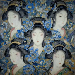 breathtaking detailed concept art painting art deco pattern of japanese faces goddesses amalmation light - blue flowers with anxious piercing eyes and blend of flowers and birds, by hsiao - ron cheng and john james audubon, bizarre compositions, exquisite detail, extremely moody lighting, 8 k
