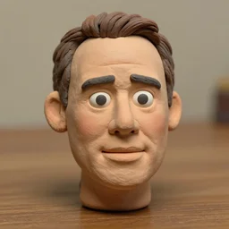 michael keaton !!! very extremely realistic!!! extreme likeness!!! smooth specular clay! extremely close smooth specular sculpted headshot of michael keaton  caricature clay puppet , soft light, on wooden table. style: claymation puppet kids clay , by guldies