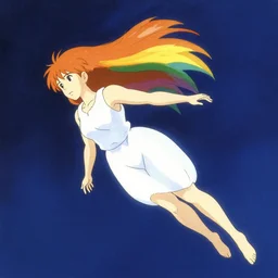 a rainbow haired woman floating in space, painted by greg rutkowski makoto shinkai takashi takeuchi studio ghibli, akihiko yoshida