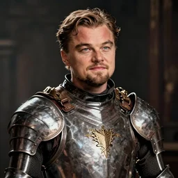 portrait of leonardo dicaprio as a templar knight in full plate armor