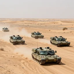 a dozen tanks driving in the desert, hd, photorealistic, professional photograph