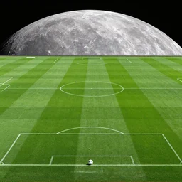 a photography of a green soccer pitch on the moon, extreme long shot, realistic