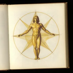 an open page of the voronoi manuscript, depicting a digital painting of a human, golden ratio, symmetry, hyperrealistic, paper texture, professional drawing, medieval style illustration