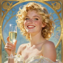 art nouveau, blonde woman, a glass of champagne, cheerful, bright, clear colors, belle epoque