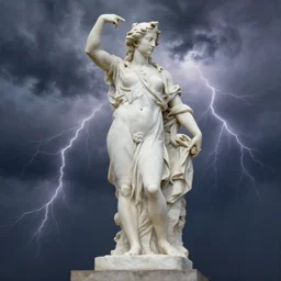 marble statue, stormy skies, lightning, airbrush painting
