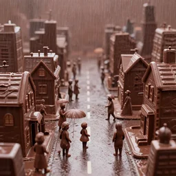 A city of chocolate, with chocolate streets, chocolate houses en chocolate people. It's raining chocolate.