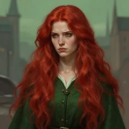 long fancy red hair bard, portrait, gentle, scowl, cloth, female, city background, d & d, fantasy, intricate, elegant, digital painting, red green color palette, artstation, octane render, concept art, matte, sharp focus, illustration, herrarthstone, art by artgerm and greg rutkowski and alphonse mucha