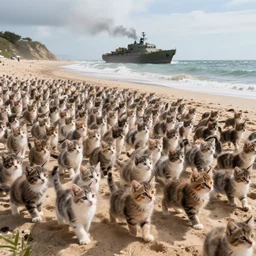 army of 15000 kittens storming the beaches of normandy 4k, hd, photorealistic