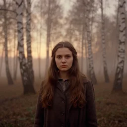 medium portrait of young woman, solemn expression, faded color film, russian cinema, tarkovsky, kodachrome, heavy birch forest, long brown hair, old clothing, heavy fog, atmospheric haze, brown color palette, sunset, low light, dramatic lighting