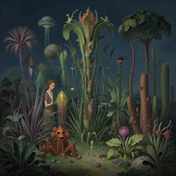 beautiful rendering of exotic plants by daniel merriam and karol bak and martin johnson heade, xenoplanet by roger dean and moebius, at night, soft light, mantra rendering, matte painting, high detailed, 4 k, trending on artstation