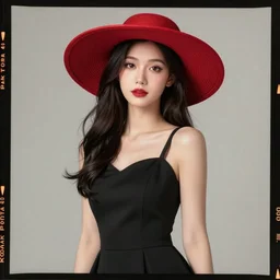 beauty photographic portrait of half - length portrait of stunning girl in a red hat and black dress, kodak portra 4 0 0, 8 k, soft light, volumetric lighting, highly detailed,,