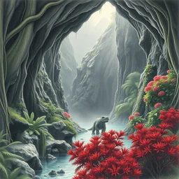 a beautiful pencil artwork of the void in a lush humid prehistoric jungle cave, mountains, cosmic horror, vines, water, red shrubs, lush flora, volumetric lighting, haze, 8 k