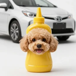a closeup photorealistic photograph of a poodle with a jar of yellow mustard. a toyota prius is in the background. professional capture. brightly lit scene. this 4 k hd image is trending on artstation, featured on behance, well - rendered, extra crisp, features intricate detail, epic composition and the style of unreal engine.
