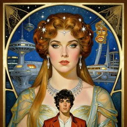Katie Mcgrath as  the princess Ardala , buck rogers , a beautiful art nouveau portrait by Gil Elvgren, beautiful sci-fi space ship environment, front centred symmetrical composition, defined features, silver jewellery, stars in her gazing eyes
