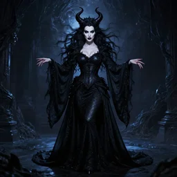 style of greg rutkowsk : : gorgeous willa holland : : evil witch, swirling black magic : : symmetrical face, symmetrical eyes : : full body pose : : gorgeous black hair : : magic lighting, low spacial lighting : :