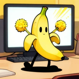 a cartoon banana with pom poms on its hands, a computer rendering by lichtenstein, reddit contest winner, toyism, contest winner, booru, dynamic pose