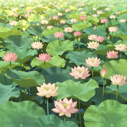 sunlit sea of lotus flowers as far as the eye ca see in the style of hayao miyuzaki