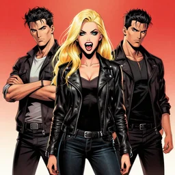 rafael albuquerque comic art, peter mohrbacher, steve niles, artgerm, pretty willa holland vampire sharp vampire teeth open mouth, symmetrical eyes, black leather jacket, jeans, long blonde hair