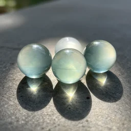 a closeup shot of three marbles with light refraction projected by the sun in an outdoor setting